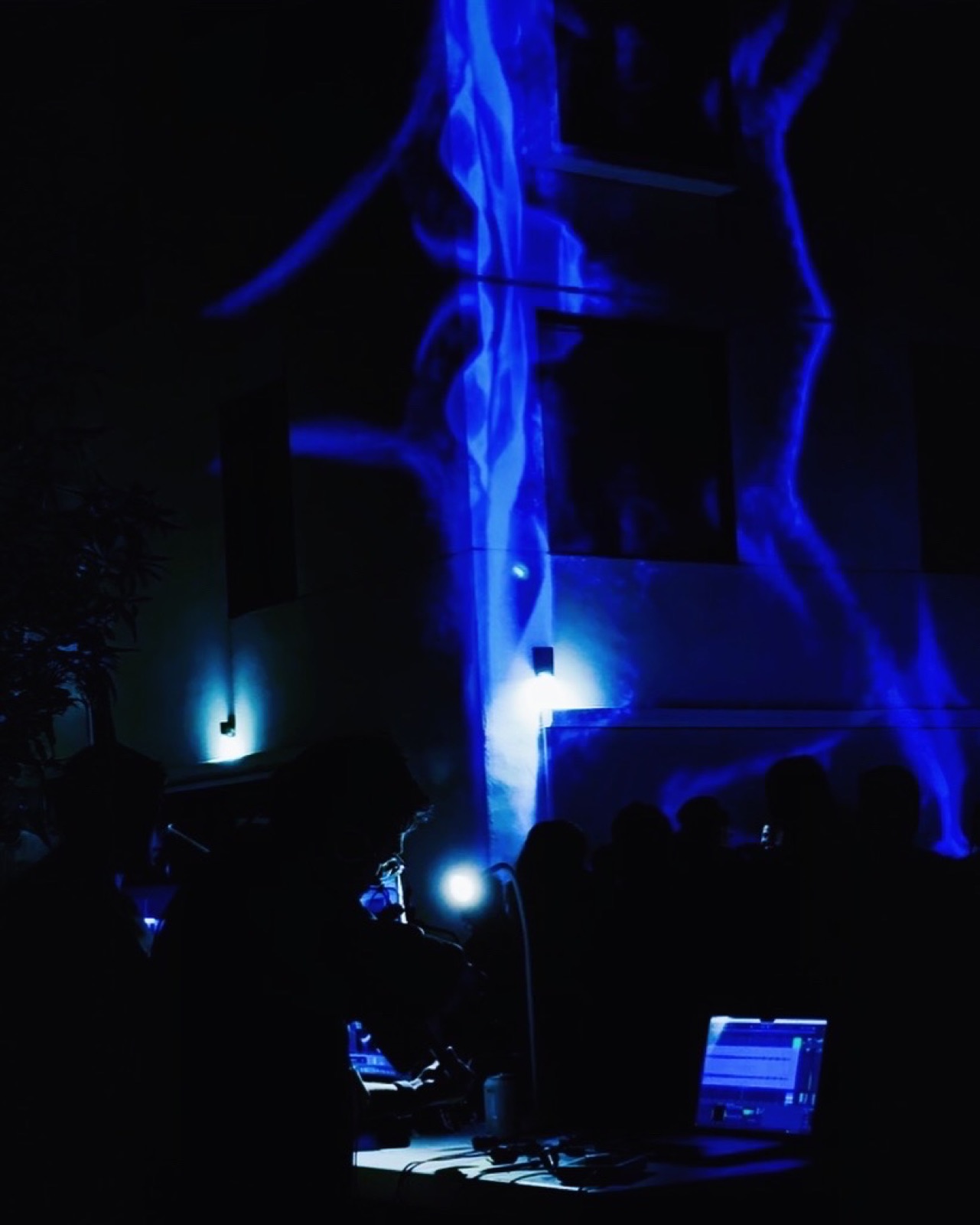 Morphé Aquatiqué projection-mapped on a building exterior at night, with the performance setup in the foreground